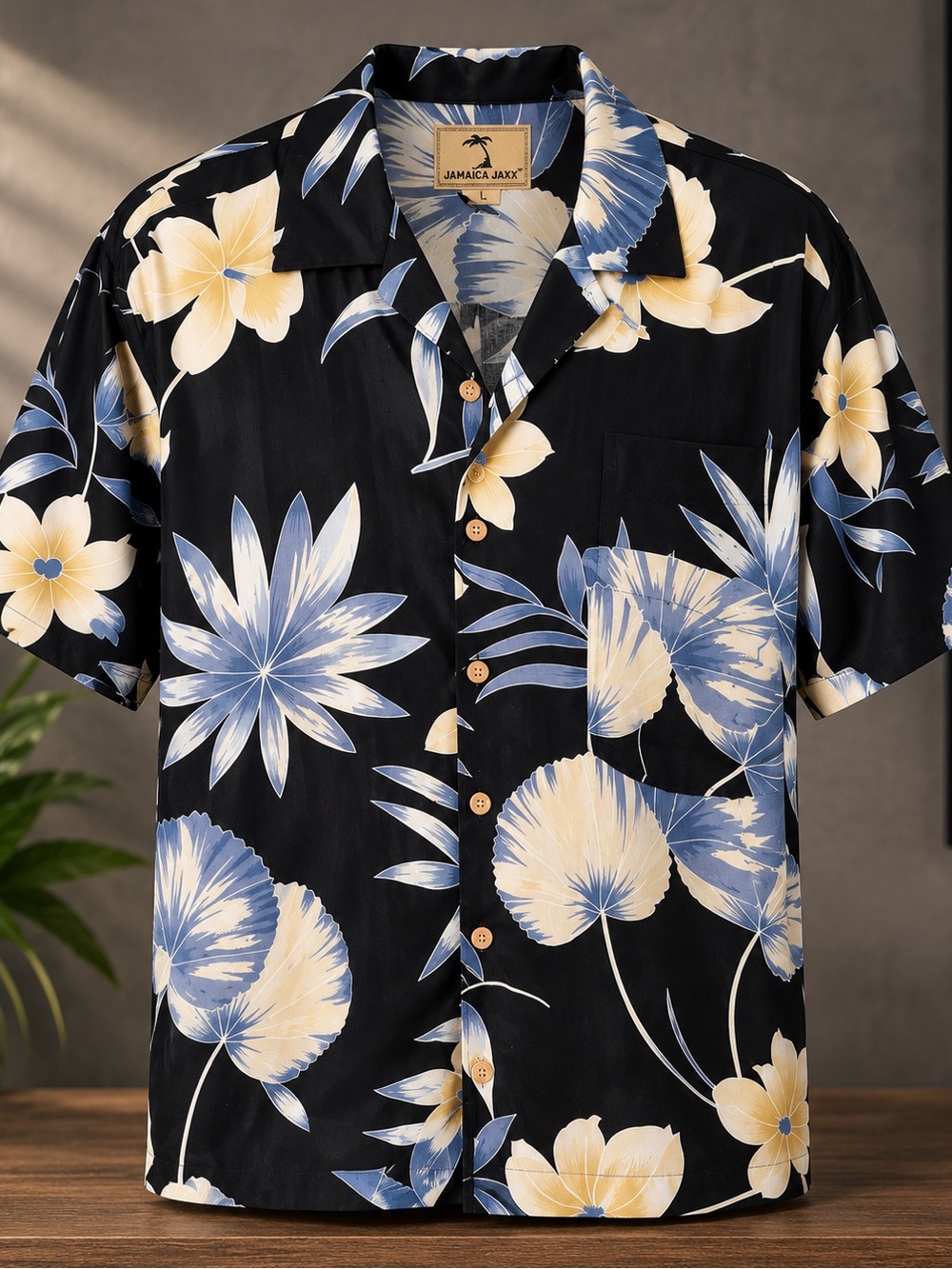 Jamaica Jaxx Black Floral Camp Shirt with Blue & Cream Blooms